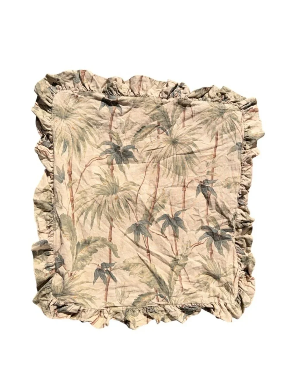 Vintage Ralph Lauren Euro Sham Belmont Oaks Palm Ruffled Tan Green Cotton 29x32
